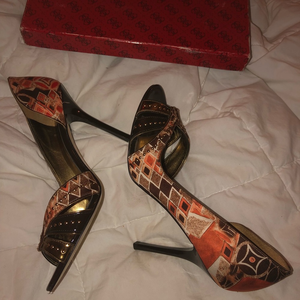 Guess Gwerinna3 Orange Multi Fabric Heels Sz8M